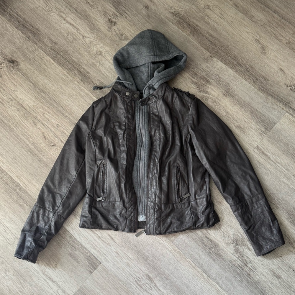 Grayish-brown fur lined leather jacket with hood